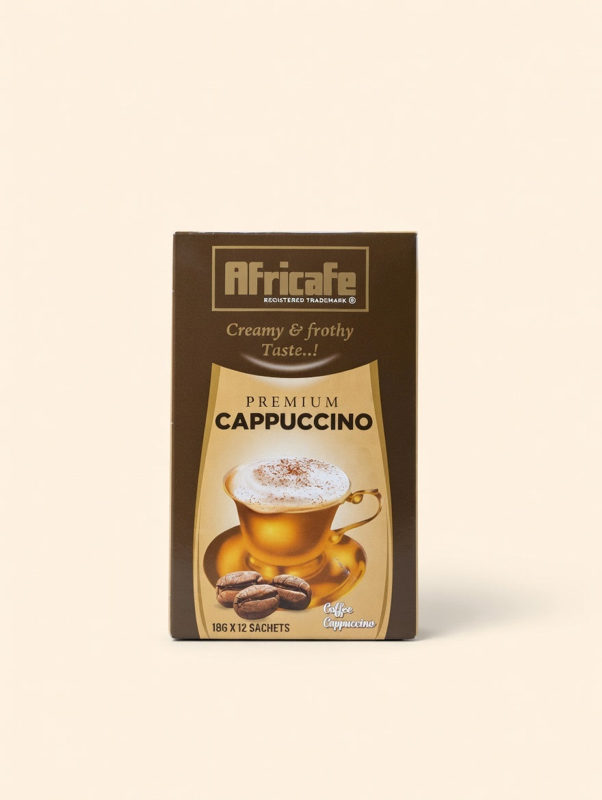 Africafe Premium Instant Cappuccino Mix | Frothy & Creamy Tanzanian Coffee Pre-Mix | All-in-One Espresso, Creamer & Sugar Sachets | Halal Certified | 2-Pack Value Box (24 Sachets, 600g Total)