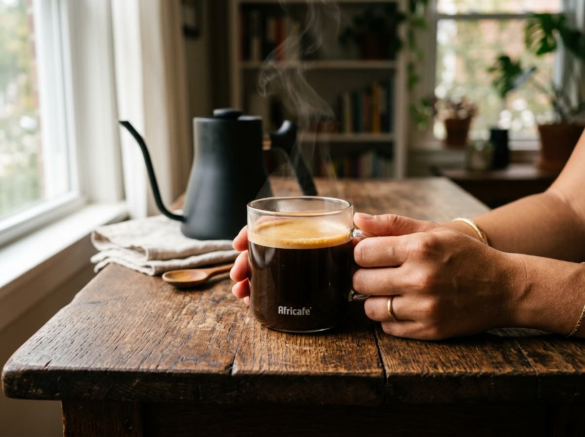 A steaming glass mug of Africafe instant coffee held in both hands on a rustic wooden table by a window